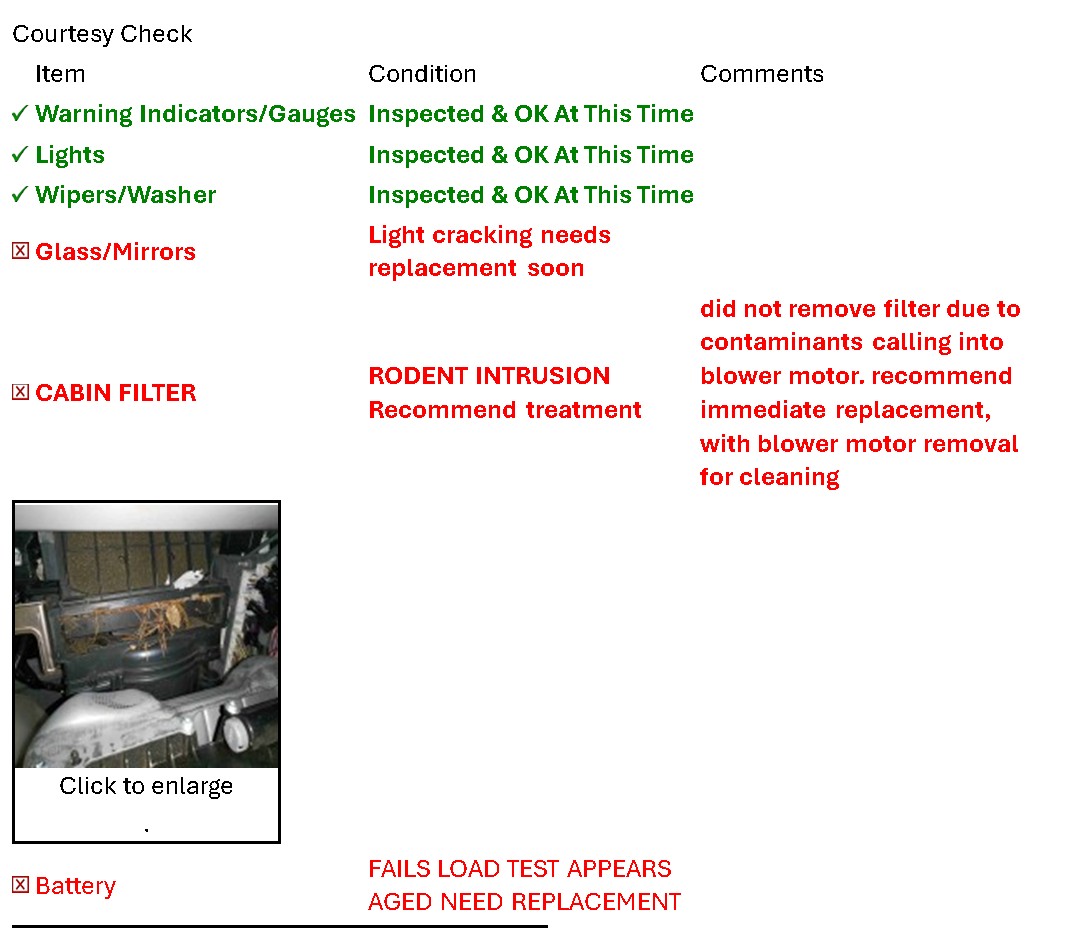 Courtesy vehicle inspection results showing safety and maintenance findings